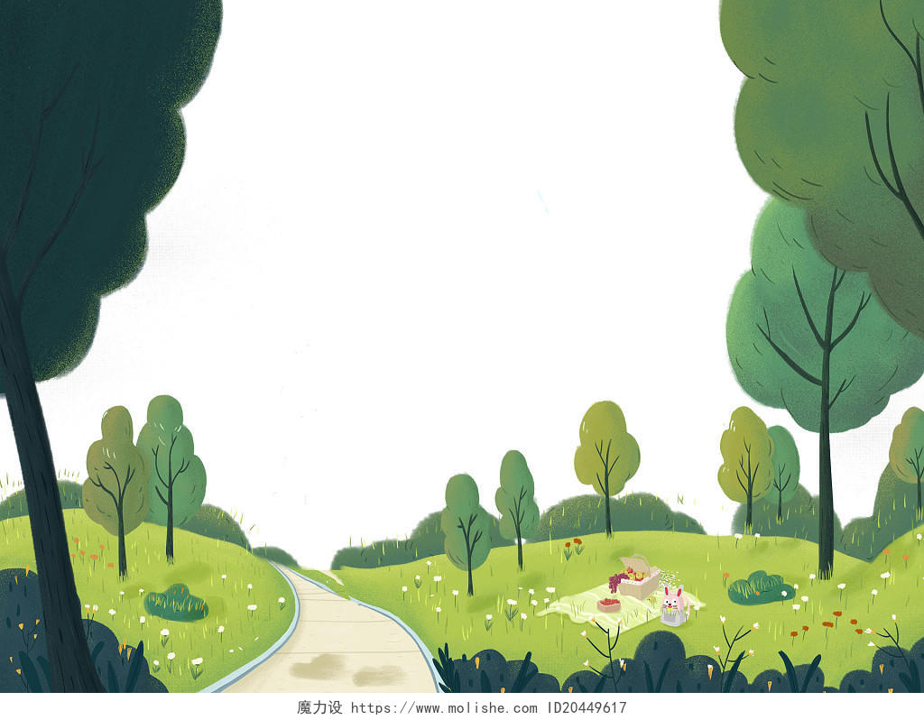 绿色手绘卡通花草树木草丛公园风景元素PNG素材